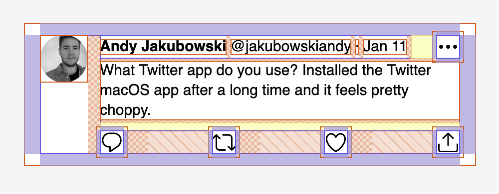 Twitter tweet by Andy with a FlexRay overlay showing different parts of Flexbox layout. The tweet says “What Twitter app do you use? Installed the Twitter macOS app after a long time and it feels pretty choppy.”
